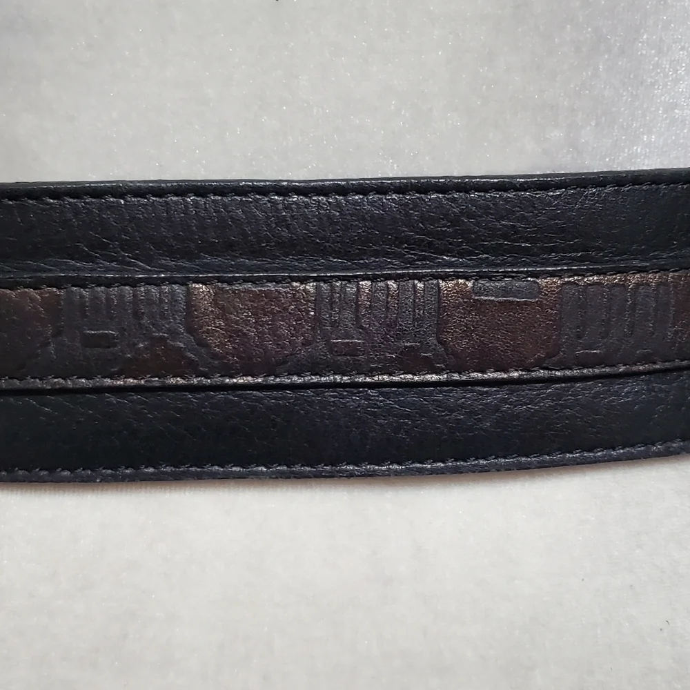 70s Vintage Land Black Copper Aztec Leather Brass Buckle Boho Statement Belt S
